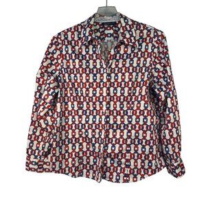Jones New York Signature Chain Print Button-Up Shirt XL Red & Blue